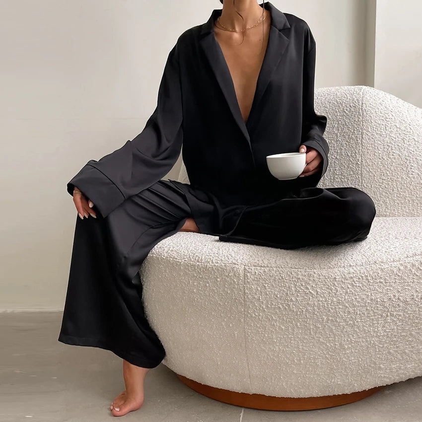 Oversized Satin Silk Sleepwear Low Cut Sexy Pajamas For Women Single-Breasted