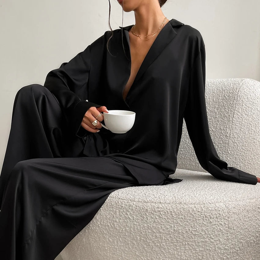 Oversized Satin Silk Sleepwear Low Cut Sexy Pajamas For Women Single-Breasted